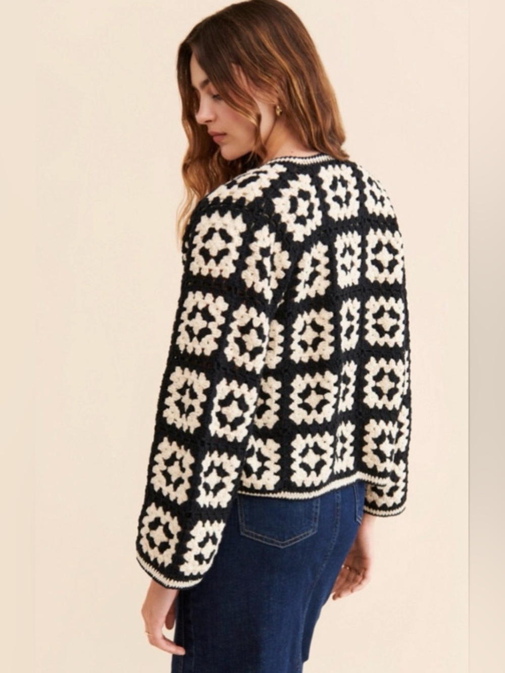 Society Mano Black and Beige Granny Square Cardigan - Picture 2 of 8